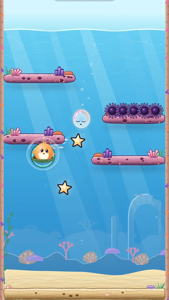 Sunlit Shallows: Pip waits under a coral ledge in its dome of air, with sea urchins on a higher ledge and stars around.