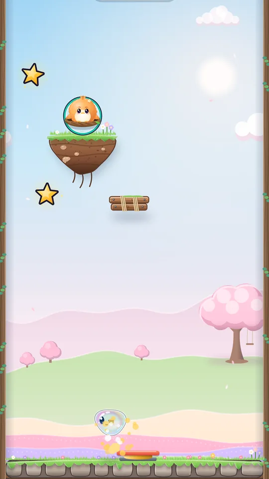 Flower Hills: the bubble in the air over a spring, with Pip on a floating ledge above and two stars on the way.