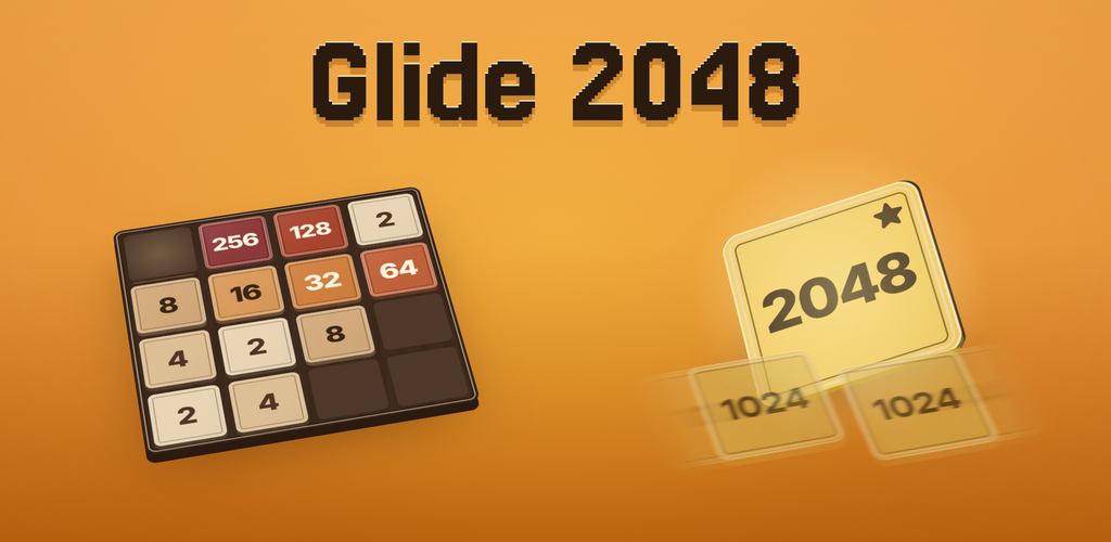 Glide 2048's feature art: the name above a wood board, two 1024 tiles meeting under a 2048 that rises from it.