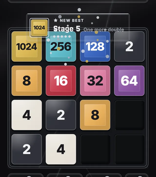 Onyx, mid-game: Stage 5 done on a new best, “One more double”.