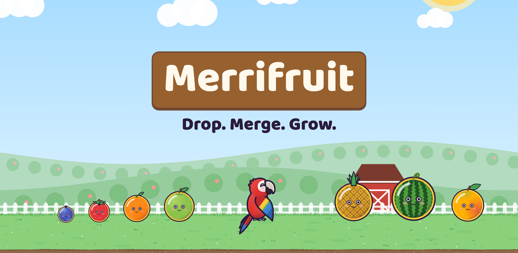 Merrifruit's feature art: the name on a wooden sign, “Drop. Merge. Grow.”, Pico the macaw and smiling fruit in a sunny field.