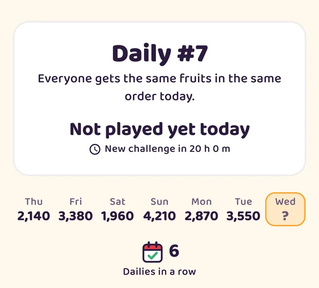 The Daily screen: Daily #7, six days of scores and six Dailies in a row.
