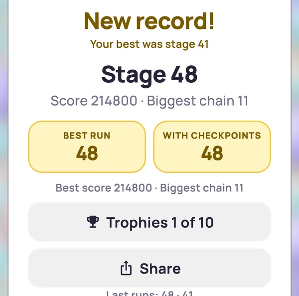 The end of an Endless Party run: New record! Your best was stage 41. Stage 48, the gold record tiles, Trophies 1 of 10.