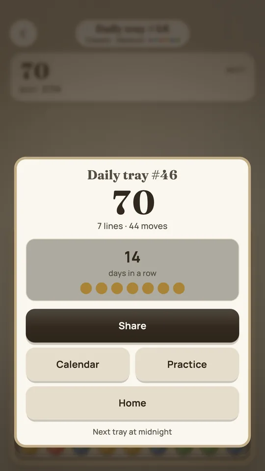 The Daily tray’s result: the score, the lines and moves, and fourteen days in a row.