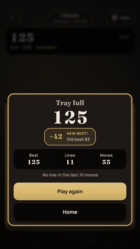 A Classic game’s end on Onyx: the tray full, 125 points, a new best by 42.